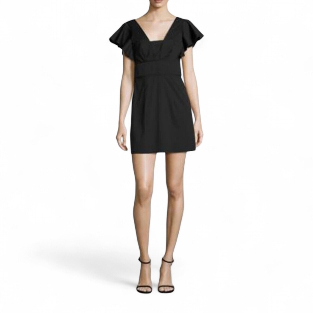 Milly Black Ruffle Sleeve Deep V-Neck Structured Sheath Dress‎ Sz 8 LBD Cocktail